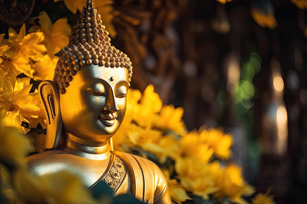 Het hoofd van het Boeddhabeeld verlicht door geel licht in de Thaise tempel