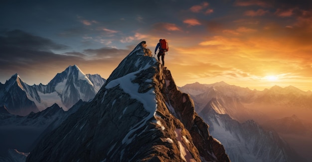 het hoogtepuntmoment waarop een klimmer een imposante berg beklimt die symbool staat voor het overwinnen van uitdagingen