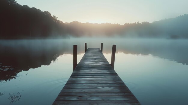 Foto het houten dok steekt uit in het stille meer het water is rustig en stil er is een dikke mist op het meer die het toneel vreedzaam maakt