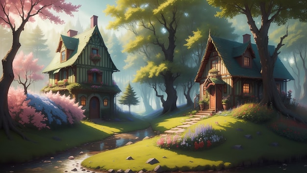 Het huis in de anime-kunststijl van het bos