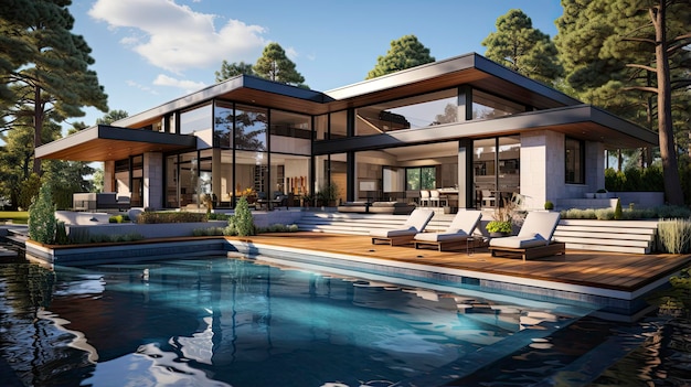 Foto het huis is door persoon ontworpen en beschikt over een zwembad en uitzicht op het zwembad.