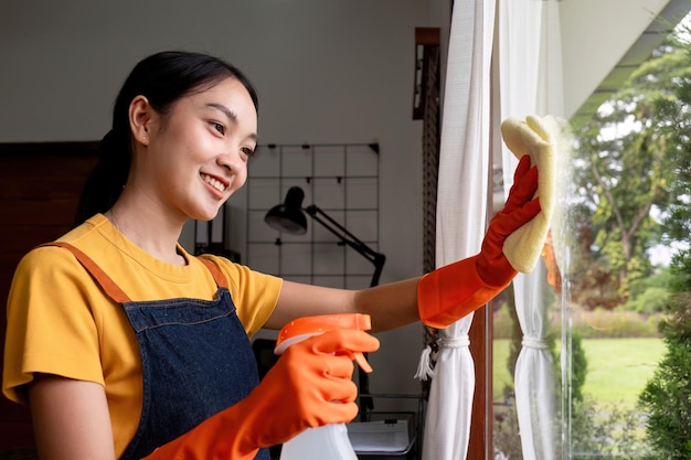 Het huis schoonmaken van een huisvrouw die het glas afveegt met een reinigingsspray en een doek