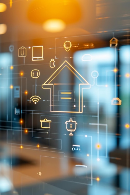 Het icoon van het huis is virtueel Het concept van een applicatie voor smart home management smart home en home automation