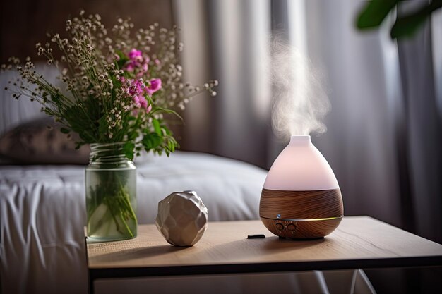 Foto het idee van aromatherapie omvat het gebruik van een aroma olie diffuser geplaatst op een stoel in de slaapkamer als een