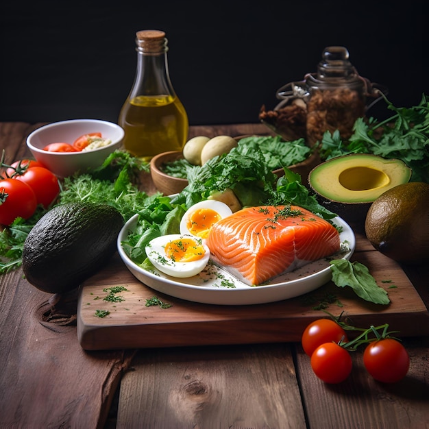 Het idee van bewuste consumptie van producten met een keto-dieet een gerecht met zalm en groenten groenten op een houten tafel gezonde voeding glutenvrij voedsel AI gegenereerd