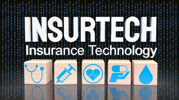 Het insurtech-woord over digitale achtergrond voor 3D-rendering van het technologieconcept