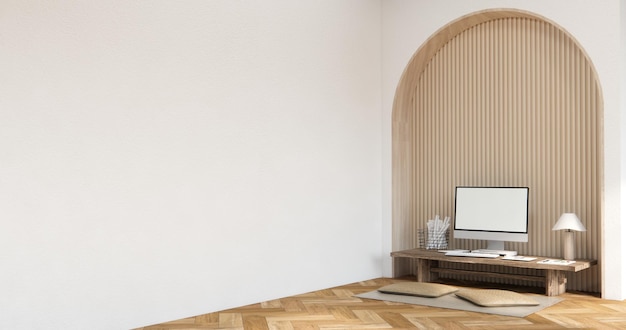 Het interieur Computer- en kantoorhulpmiddelen op bureaukamer muji-stijl interieurontwerp 3D-rendering