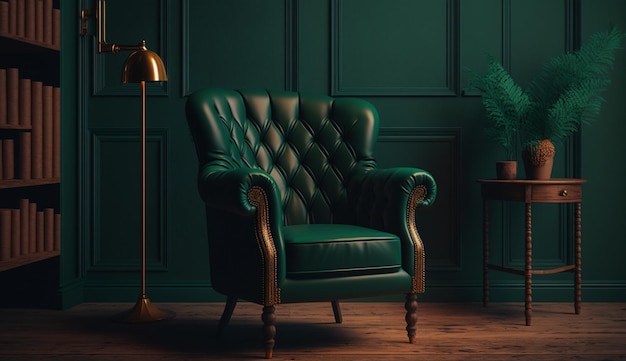 Het interieur heeft een fauteuil op een lege donkergroene muurachtergrond Generatieve AI