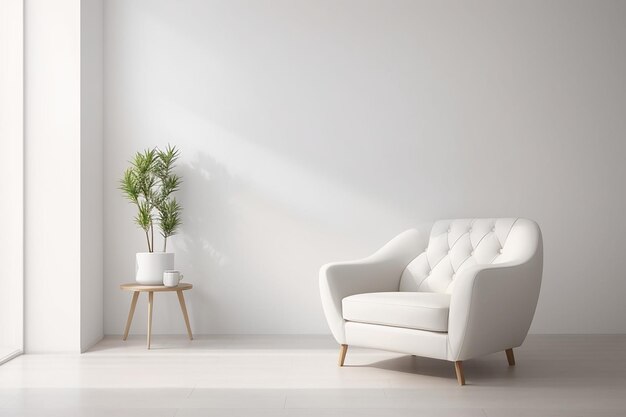 Het interieur heeft een fauteuil op een lege witte muur