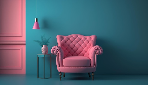 Het interieur heeft een roze fauteuil op een lege blauwe muur Generative Ai