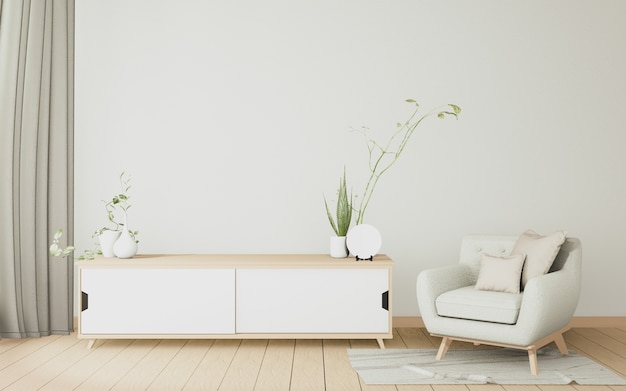 het interieur houten kast en fauteuil minimaal in moderne witte kamer Japans. 3D-weergave