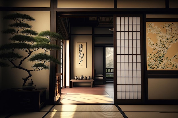 Het interieur is exclusief in Japanse stijl ontworpen met moderne woon- en eetruimtes, tatamimatten op de houten vloer en een traditionele Japanse deur