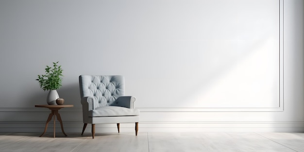 Het interieur is voorzien van een fauteuil tegen een achtergrond van een lege grijze muur