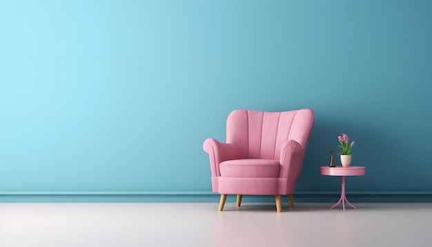 Het interieur toont een roze fauteuil tegen een achtergrond van een lege blauwe muur