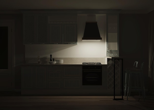 Het interieur van de keuken in een woonhuis. Lichtgroene keuken in klassieke stijl. Nacht. Avond verlichting. 3D-weergave.