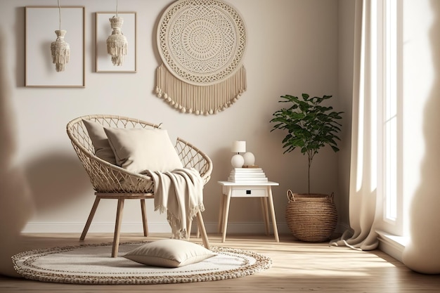 Het interieur van de meditatie woonkamer is voorzien van een beige tapijt, kussens, macramé en persoonlijke items, een aangenaam uitnodigend interieurontwerp