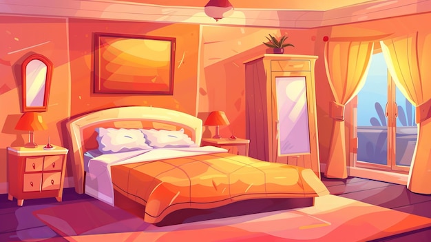 Het interieur van de slaapkamer cartoon moderne illustratie toont een comfortabel bed kast spiegel en nachtkast met lamp gezellig interieur van een appartement met meubels