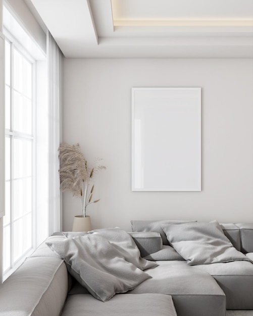 Het interieur van de woonkamer is in moderne stijl minimale rustige ontspanning houten vloer romige witte muur comfortabele bank kussen mock up poster frame vaas lamp natuurlijk licht van het raam 3D rendering