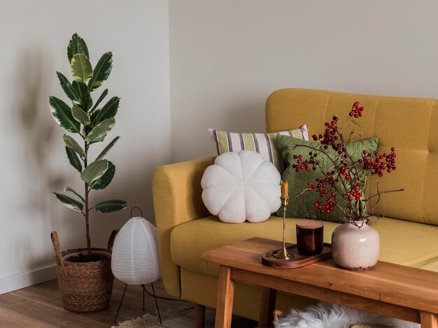 Het interieur van de woonkamer met een bank een bank met decor een tapijt op de vloer en een zelfgemaakte bloem in een mand