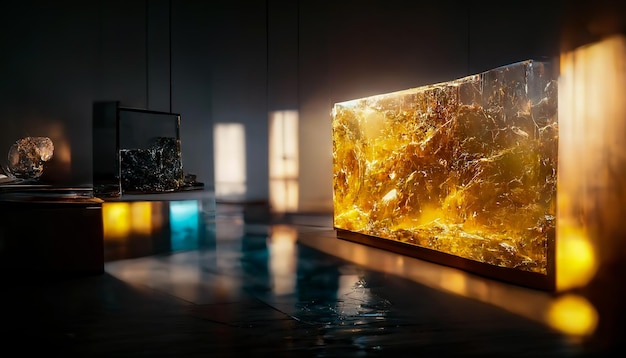 Het interieur van een abstracte kamer met grote panoramische ramen veelkleurige winden Schilderijen aan de muren gemaakt van epoxyhars Veelkleurig licht uit het raam 3D illustratie