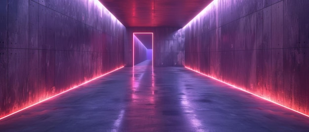 Het interieur van een abstracte verlichte lege gang gemaakt van grijs beton gloeiende rode lijnen met schaduwen een daglicht tunnel zonder uitgang violette lichtstralen een minimalistische omgeving