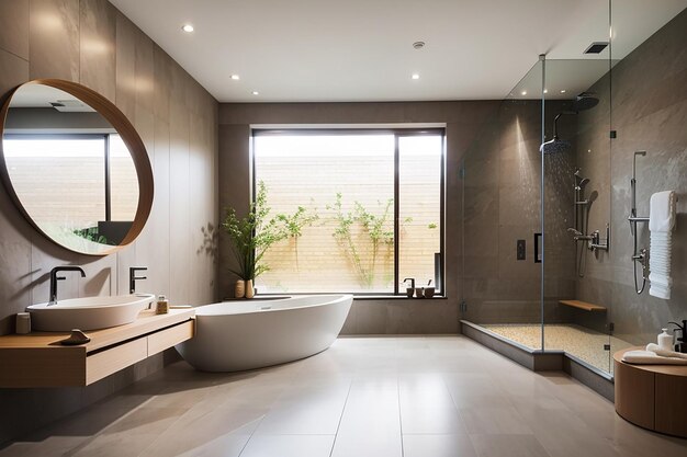 Het interieur van een badkamer met een grote wastafel en douche in een modern huis