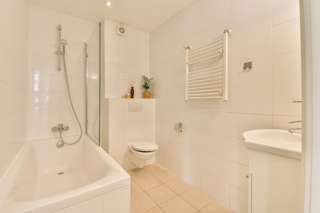 Het interieur van een gezellige badkamer met een ligbad, douche, toilet en wastafel in een modern appartement