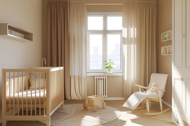 Het interieur van een gezellige kinderkamer met een wieg en een schommelstoel in beige tinten