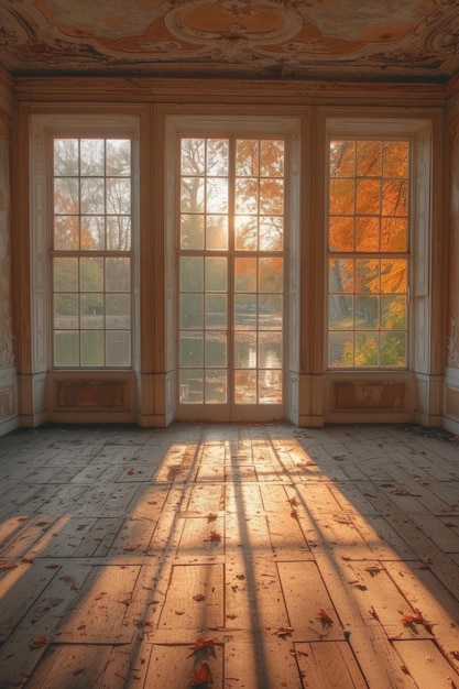 Het interieur van een grote antieke woonkamer met grote vensters met vloer- en plafond