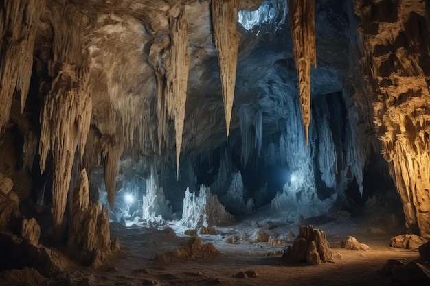 Foto het interieur van een grote grot met stalagmieten en stalactieten