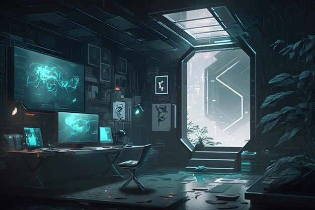 Het interieur van een kamer met een cyberpunk-esthetiek heeft een boeiende mix van industriële en futuristische elementen met blootliggende pijpdraden en metalen oppervlakken AI