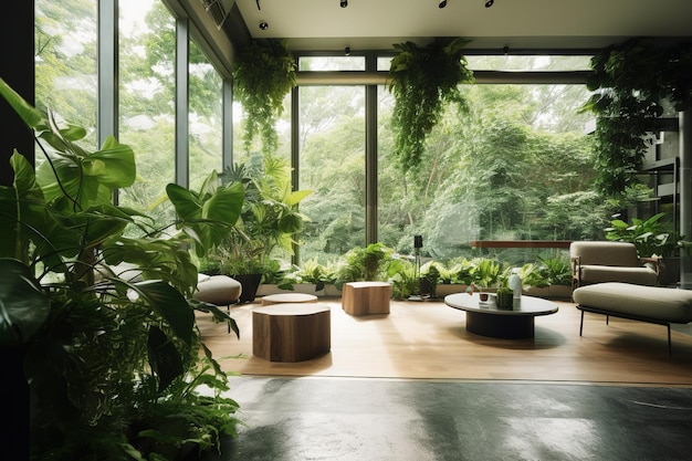 Foto het interieur van een kamer met planten en een groot raam