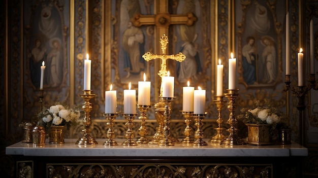 Het interieur van een kerk bij kaarslicht straalt