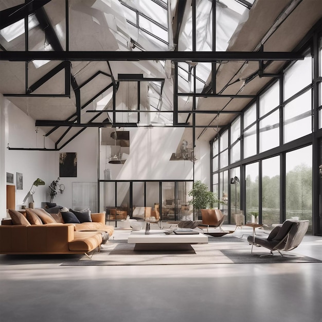 Het interieur van een modern huis, een woonkamer in een loftgebouw met glazen ruimtes