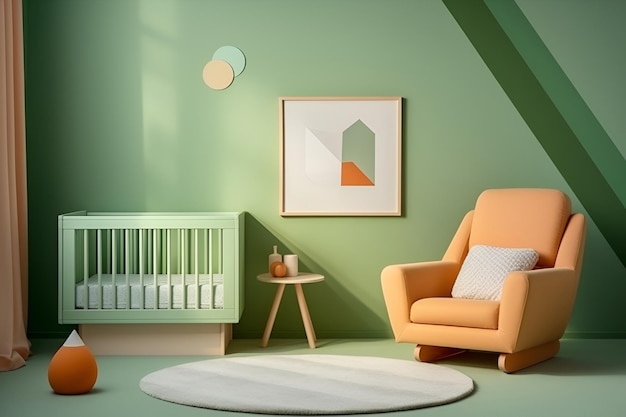 het interieur van een moderne kamer voor een pasgeborene met een wieg en een fauteuil generatieve AI