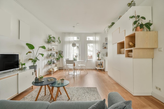 Het interieur van een ruime woonkamer verbonden met een eethoek en veel kamerplanten