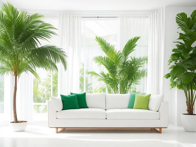 Het interieur van een witte kamer bevat een bank, een raam en een levendige groene palmboom