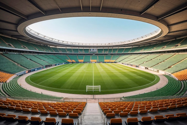 Het interieur van het voetbalveld en de tribunes heeft een groot cirkelvormig dak