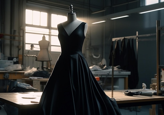 Het interieur van kledingfabriek Atelier met diverse naaimachines Zwarte jurk Generatieve AI