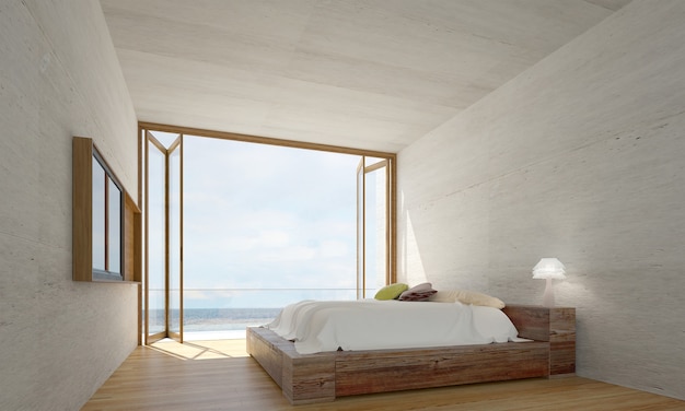 Het interieur van slaapkamer en betonnen muur textuur patroon achtergrond en uitzicht op zee