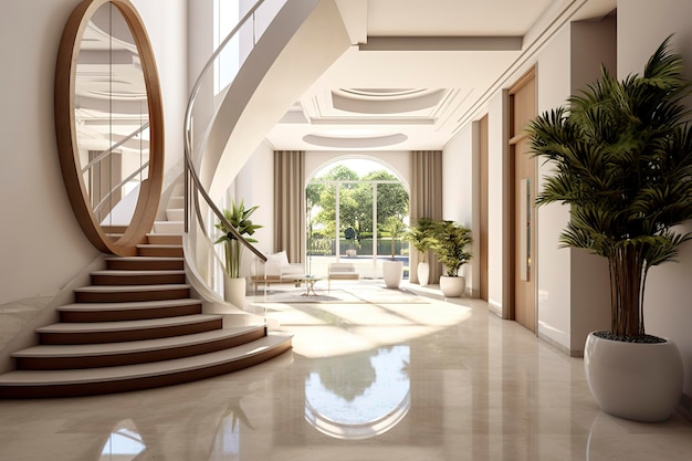 Foto het interieurontwerp van de moderne entreehal met trap in de villa