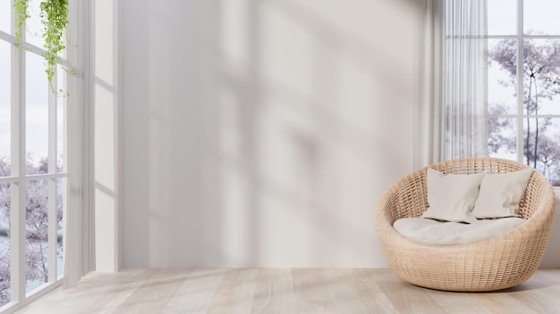 Het interieurontwerp van een hedendaagse minimalistische woonkamer met een ronde wicker lounge fauteuil