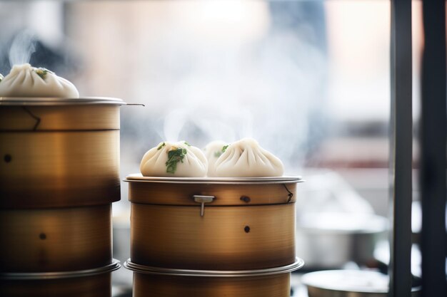 Foto het is een verpakking van hete baozi broodjes in een stoomvat voor de verkoop.