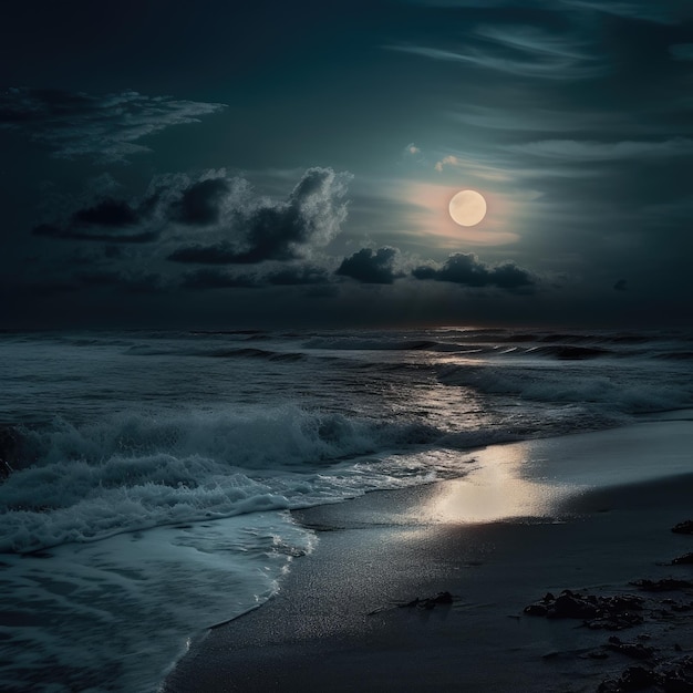 Het is volle maan op het strand en de oceaan is vol.