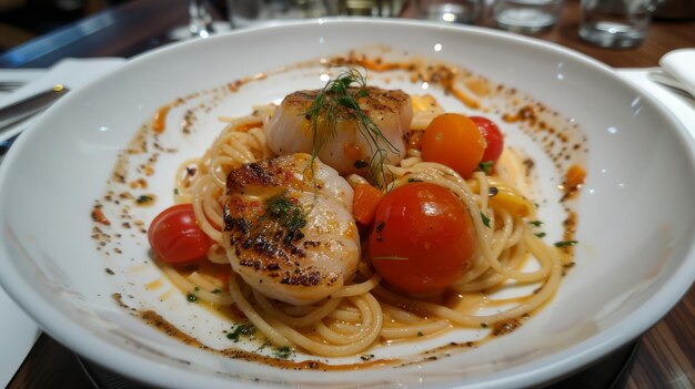 Het Italiaanse visrestaurant spaghetti kersen tomaten