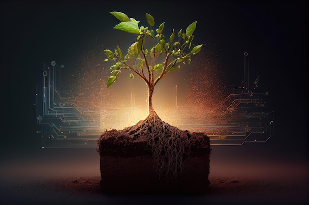Het jonge boompje groeit uit de grond met zonlicht met digitale gegevensinformatie