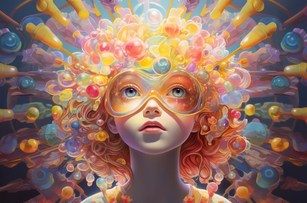 Het jonge meisje in pastelkleurige bloemen kroont psychedelische kunst Generatieve AI