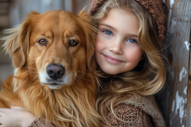 Foto het jonge meisje omarmt de puppy teder.