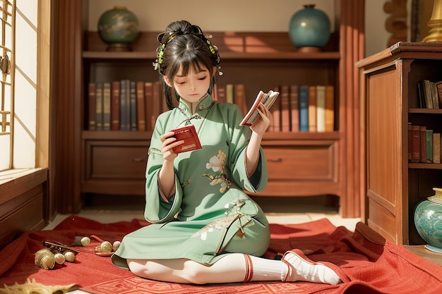 Het jonge mooie boek van de vrouwenlezing in de studeerkamer die Chinese hanfu-behangillustratie draagt
