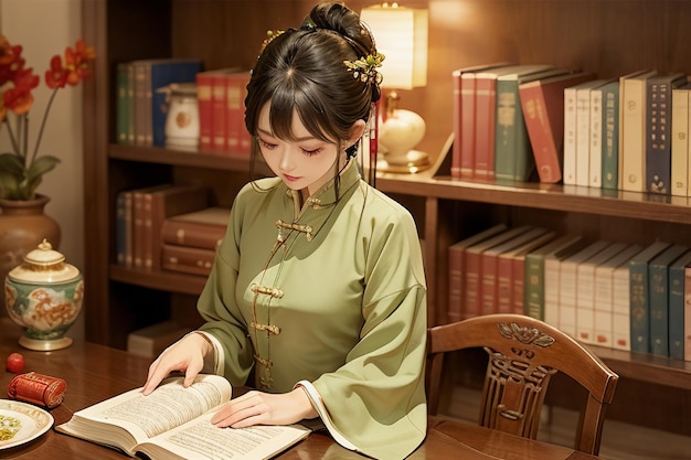 Het jonge mooie boek van de vrouwenlezing in de studeerkamer die Chinese hanfu-behangillustratie draagt